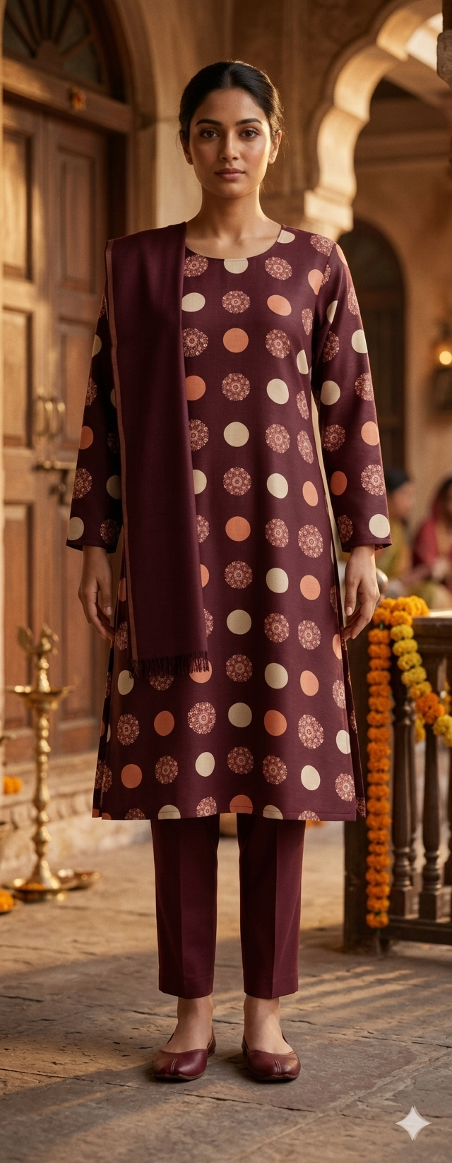 Wine Burgundy Polka Dot & Mandala Print Kurta Set